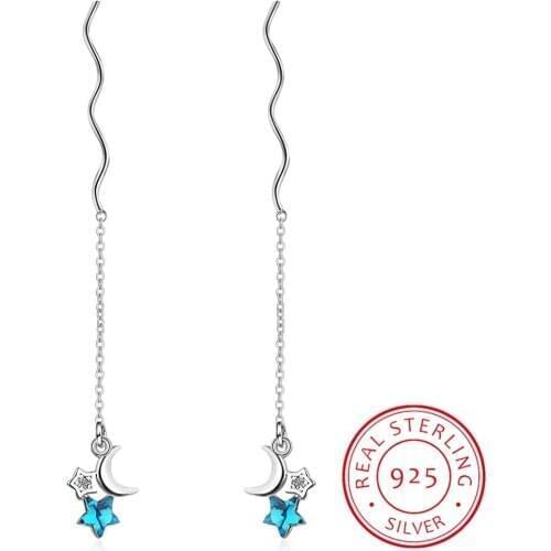 Real 925 Sterling Silver Blue Zirconia Star Moon Short Tassel Dangle Drop Earrings For Elegant Women Fine Jewelry Gift