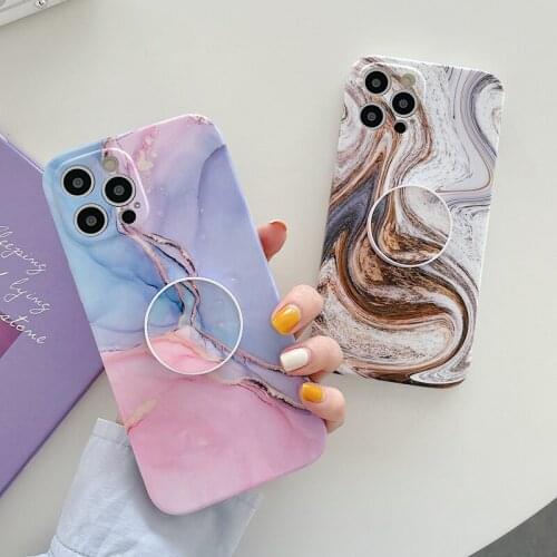 Folding Holder Phone Case For iPhone 11 Pro 12 Mini X XR XS Max 7 8 Plus SE 2 Luxury Colorful Marble Smooth Soft IMD Phone Cover