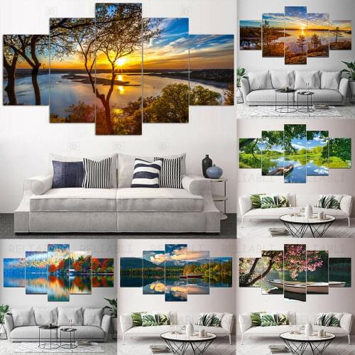 Posters Tableau Wall Art Home Decor Modern 5 Panel Beautiful Sunrise Natural Landscape HD Print Painting Modular Pictures Canvas