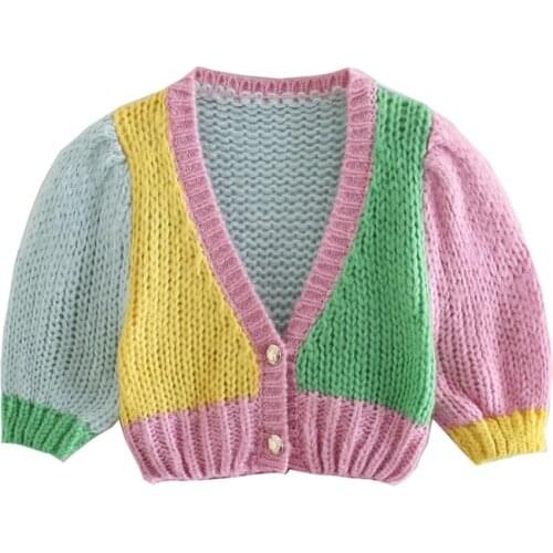 TRAF Women 2021 Fashion Color Matching Casual Short Knitted Sweater Female Retro Short Sleeve Cardigans Sweater Streetwear