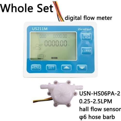US211M Flow Meter Display with USN-HS06PA-2 Hall Flow Sensor Measurement 0.25-2.5L/min Range 6mm OD hose barb iSentrol Saier