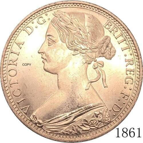 United Kingdom 1861 1 One Penny Queen Victoria Great Britain Bronze Portrait Red Copper Copy Coin With Smooth Edge