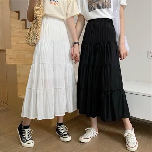 Cake A-line Skirt for Student 2021 Spring Summer Women Chiffon Skirts Vintage High Waist Elastic Patchwork White Black Long new