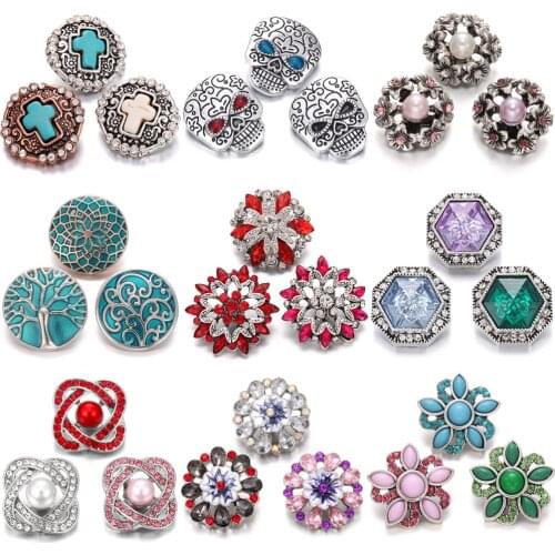 6pcs/lot Snap Button Jewelry Bracelets Mixed Cross Tree Flower Crystal Rhinestone 18mm Snap Buttons Fit 20mm 18mm Snap Bracelet