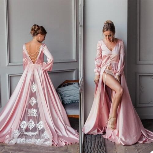 Pink Satin Womens Robe & Gown with Lace Bathrobe Night Dress with Bead Sleepwear Custom Made Femme Lingerie One Piece