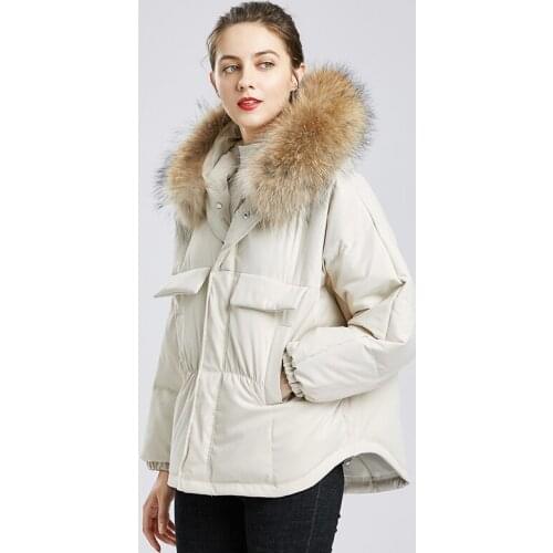 Trendy New Winter Women Large Real Raccoon Fur Hooded Short Jacket 90% White Duck Down Coat Parkers Warm Snow Outwear