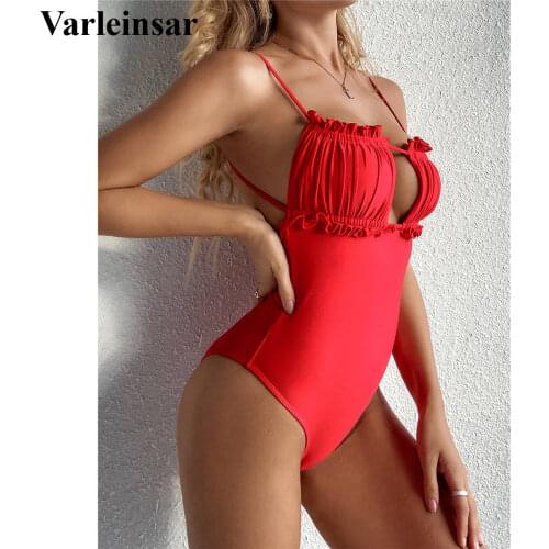 2021 Sexy Backless Monokini One Piece Swimsuit Women Swimwear Female Wrinkle Ruffled Frilled Bather Bathing Suit Swim Lady V2750