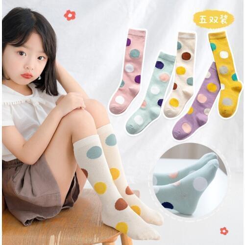 5 Pairs/lot Girls Kids Knee High Cotton Socks Big Dot Pattern Soft Cute Dance Socks Girl Socks for Spring and Summer Childrens