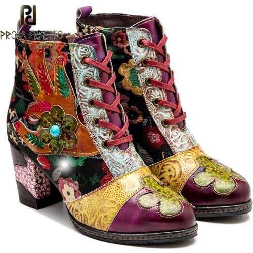 Ethnic Style Color Matching Flowers Cross Strap Retro Round Head Thick with Short Tube and Cashmere Sheepskin Martin Boots