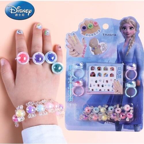 Disney Frozen Rings stamp Nail Stickers and DIY Bracelet sets Handmade bead set Cute Childrens DIY Handicraft Toy for girls