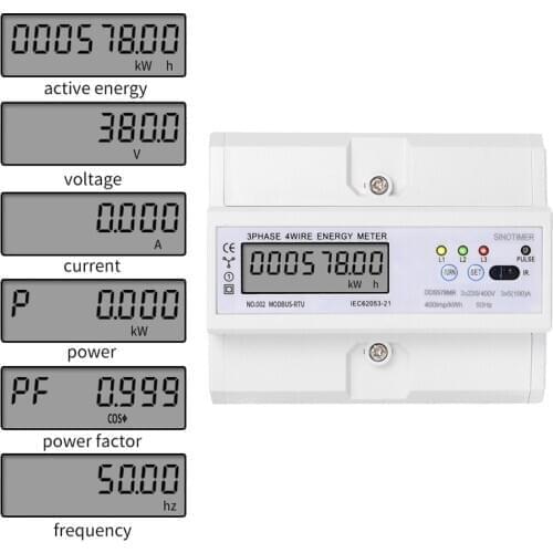 Electric 3 Phase 4Wire RS485 Modbus RTU 380V 100A DIN Rail kWh Energy Meter Digital Power Factor Monitor Voltage Current Display