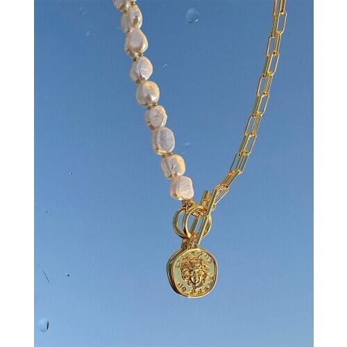 Greek mythology Medusa coin freshwater pearl OT necklace copper chain necklace
