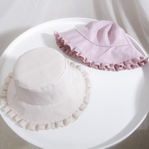 H7650 Korean Elegant Bucket Cap Women Sunscreen Sunshade Fisherman Hat Female Wooden Ear Eave Flat Top Plaid Sweet Casual Hats