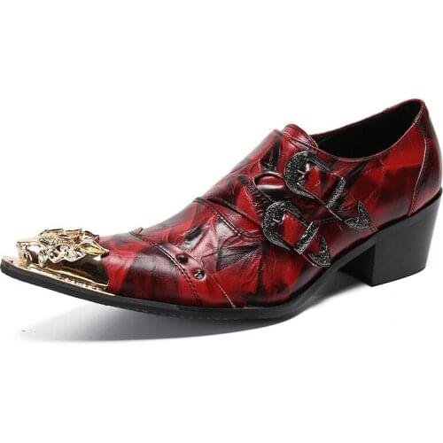 Red Pointed Mens Shoes High Heels Slip On Strap Dress Shoes Double Buckles Shoes Formal Men Metal Toe Mens Italian Leather Shoes