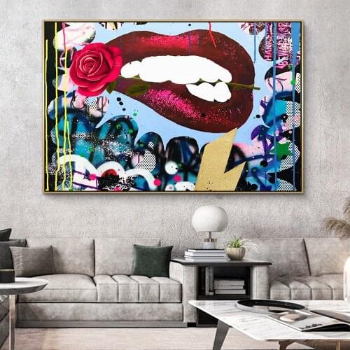 Canvas Painting Sexy Woman Lips and Flowers Graffiti Wall Art Decorative Pictures Bedroom Room Decor HD Print Posters and Prints
