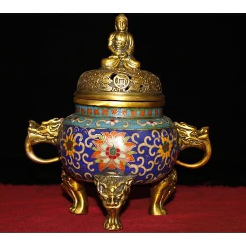 Chinese temple collection Old Bronze Cloisonne Enamel Shakyamuni Sitting Buddha Three-legged Dragon head incense burner Ornament
