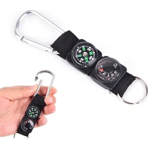 Multifunction 3 In 1 Camping Climbing Hiking Mini Carabiner W/ Keychain Compass Thermometer Hanger Key Ring Black