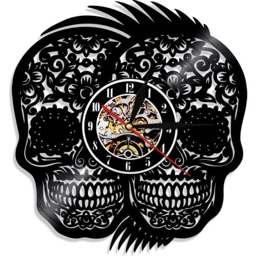 Day of the Dead Skull Head Vinyl Record Wall Clock Recycled Mexican Skulls Tattoos Vintage Wall Clock Halloween Home Decoration