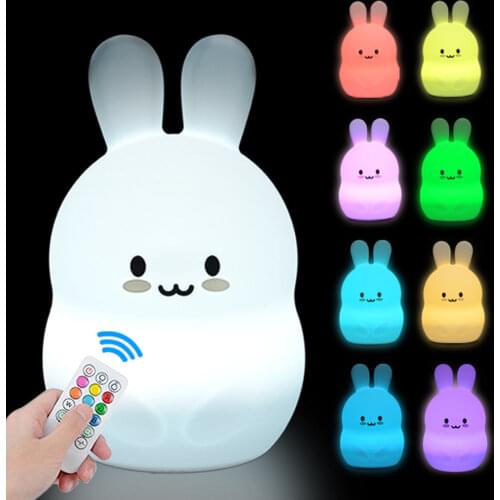 Rabbit Night Light Touch Sensor Remote Control RGB LED Dimmable Timer USB Rechargeable Children Baby Room Silicone Bunny Lamp