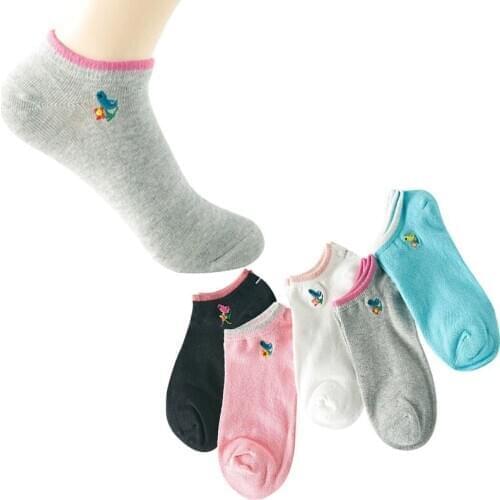 5 Pairs Women Cotton Socks Vintage Embroidery Birds Pure Color Ladies Ankle Socks Comfort Autumn Summer Art Sock Meias Calcetine