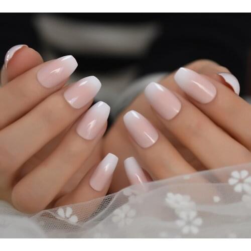 Ombre Pink Coffin French Fake Nails Ballerina Gradient Press On Coffin False Faux Ongles Nails Tips Daily Office Finger Wear