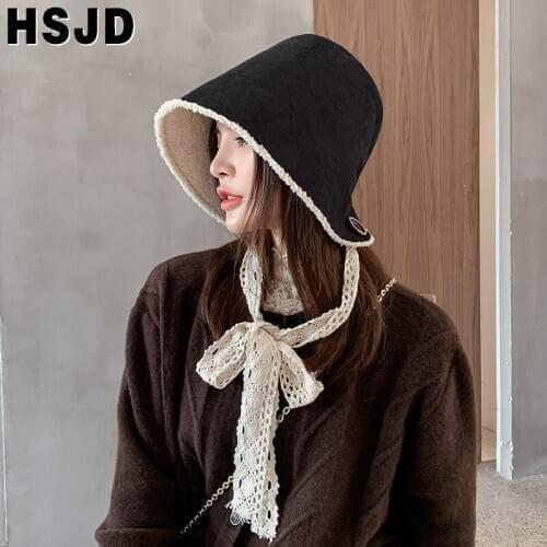 Women Faux Cashmere Winter Bucket Hats Lovely Lace Bandage Warm Wool Hat Thickened Double Layer Panama Fisherman Hat Female Caps