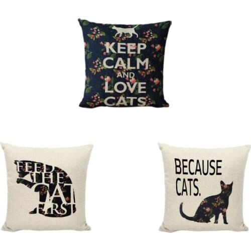 Gift Cat Pattern Cushion Cover Keep Calm And Love Cats Decor Farmhouse Living Room Sofa Car Seat Cotton Linen Square Pillowcases