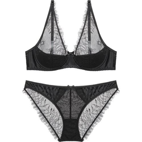 Transparent sexy ultra-thin large size bra ladies underwear set lace transparent bra panty set comfortable two-piece