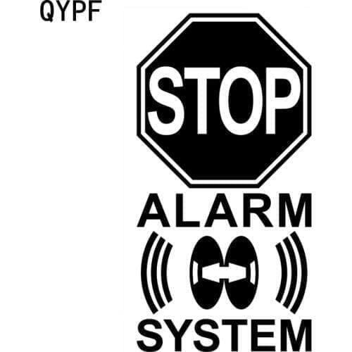QYPF 9.4CM18.1CM Warning Mark STOP ALARM SYSTEM Graphic Car Sticker Black/Silver Vinyl Decoration S9-2222