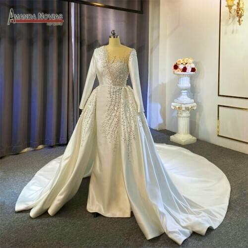 Luxury satin pearls wedding dress with long sleeves real work