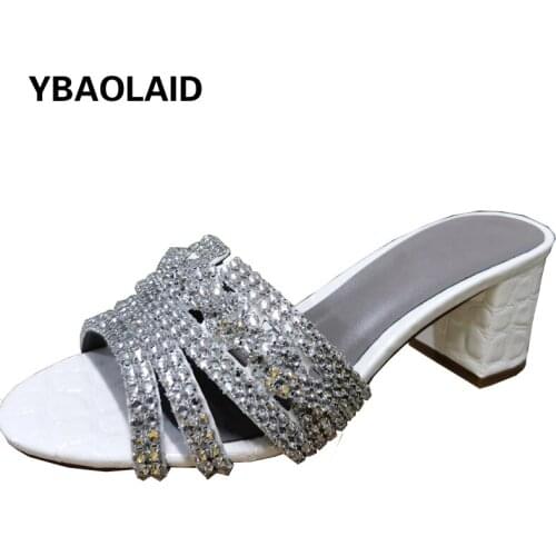 Square Toe Open Toe Rhinestone Thick High-heeled Crystal Slippers Summer New Candy Color Flip Flops Party Dress Women Sandals