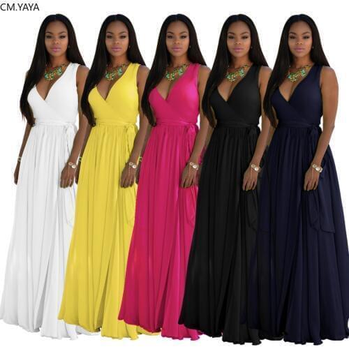 CM.YAYA Women Summer Solid Sleeveless Chiffon V-neck With Sashes Fit Flare Pleated Long Dress Beach Bohemian Long Party Dresses