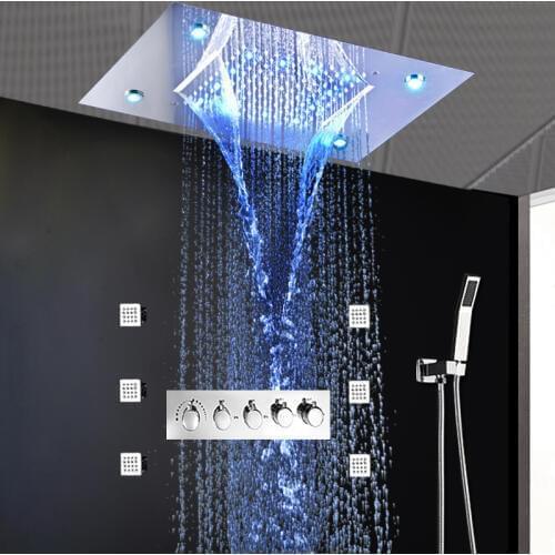 Modern Ceiling Concealed Electric LED Rainfall Shower Head Waterfall Massage Thermostatic Shower System Set Body Jets Spray