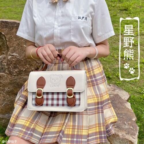 Vintage British Style Soft Girls JK Uniform Shoulder Bag Super Cute Bear Plaid Messenger Bag School Student Handbag 2 Colors