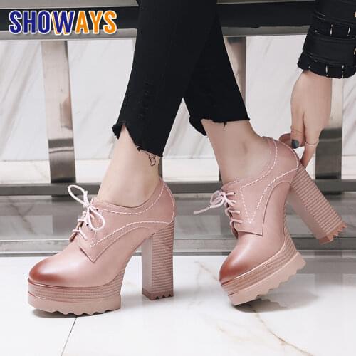 British Women Platform Pumps PU Leather Painted Round Toe Chunky High Heel Derby Brogues Retro Casual Lady Lace-up Dress Oxford