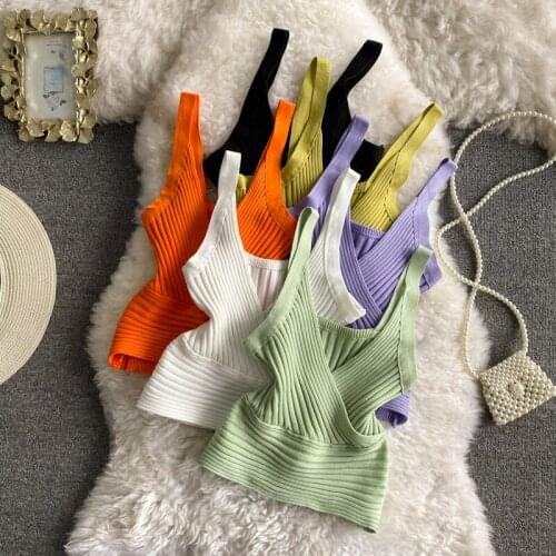 Women Knitted Strap Crop Top Sexy Sleeveless V Neck Elastic Slim Y2K Top Summer Off Shoulder Streetwear Short Camisole