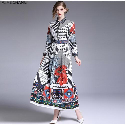 Women Dress Summer Spring Elegant Slim Bodycon Vintage A-line Party Runway Formal Print Long Maxi Shirt Office Work Dresses