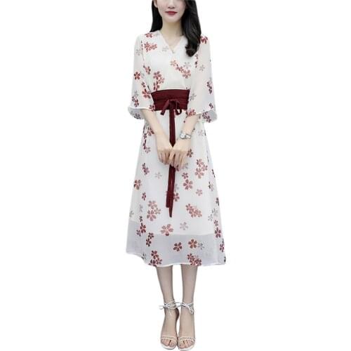 Floral chiffon v neck slim dress women apricot white 2020 summer new Korean fashion belt high waist fairy dresses feminina LR785