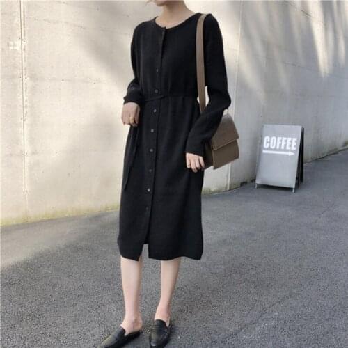 Fashion Women Maxi Dress Knitted Sweater Long Dress Single Breasted Loose Oversized Dresses