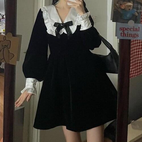 College Black Long Sleeve Dress Spring 2021 Harajuku Bow Dresses Female Clothes Women Party Clothing Korean Fashion Gown Elegant