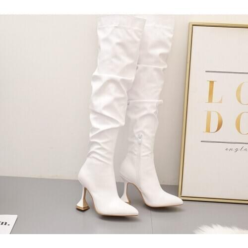 Winter Boots 2020 Womens Thin Heel Pointed White High Heel Knee Boots, Leg Repair, Thin Wine Cup Heel