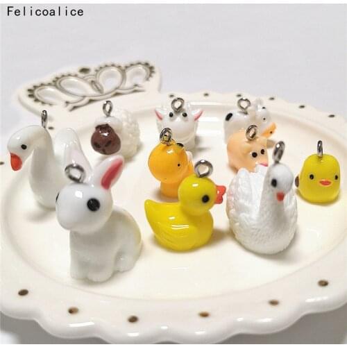 10pcs Kawaii Animal Family Bee Duck Cow Chicken Pig Resin Charms Cute Pendant For DIY Earring Fashion Jewelry Accessories