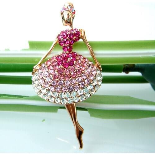 Navachi Dancing Ballet Girl Crystal Rhinestone Yellow GP Brooch Pin SMT7809