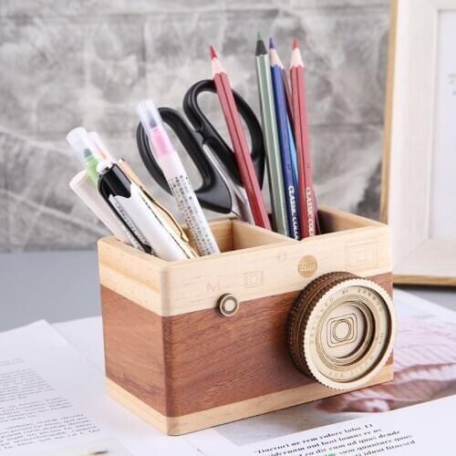 Creative Camera Pattern Wooden Pen Pencil Case Holder Stand Desktop Sundries Storage Box Multi Purpose Use XXUC