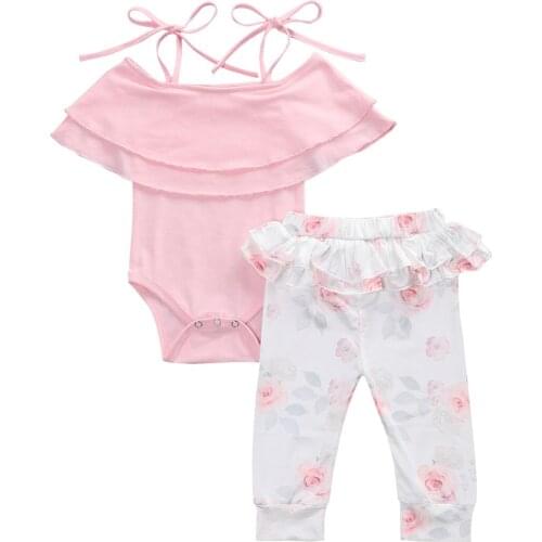 Infant Baby Girls Summer Ruffled Collar Lace-up Romper Flower Print Trousers Casual Style Clothes 0-24 Months 2Pcs Outfit