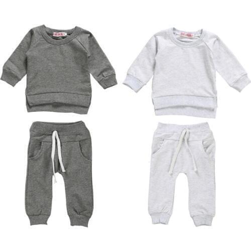 2pcs Baby Clothes Set Autumn Long Sleeve Sweatshirt For Boys Solid Gray White Long Pants Tracksuits For Boys Outfits Newborn Set