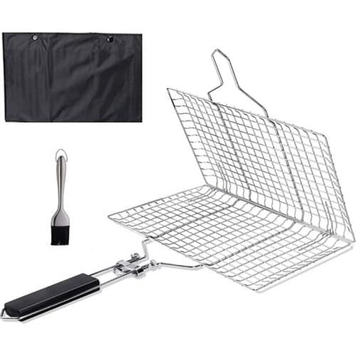 Barbecue Grilling Basket, Portable Stainless Steel Grill Basket Folding BBQ Grill Net BBQ Accessories With Wooden Handle