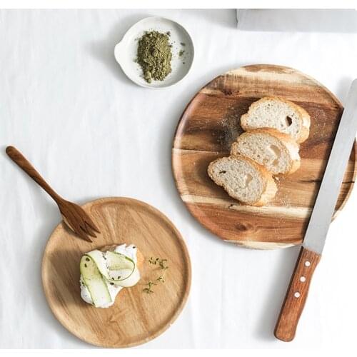 Round Wood Plate Rubberwood Acacia Wooden Dishes Japanese Style Household Fruit Dessert Plates Snack Saucer Serving Tray