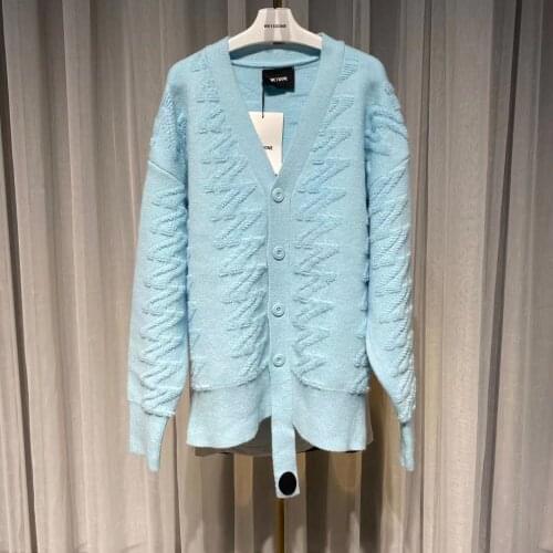 Welldone new sky blue knitted V-neck Slouchy fashion street loose medium length cardigan woolen coat