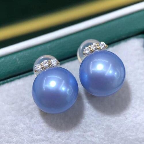 D727 Pearl Earrings Fine Jewelry Solid 18K Gold Round 8-9mm Fresh Water Blue Rose Pearls Drop Dangle Earrings for Women